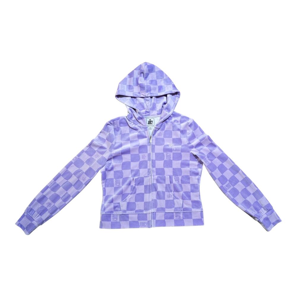Juicy Couture Y2K Velour Checkered Full Zip Hoodie - Lavender/Lilac Size Medium